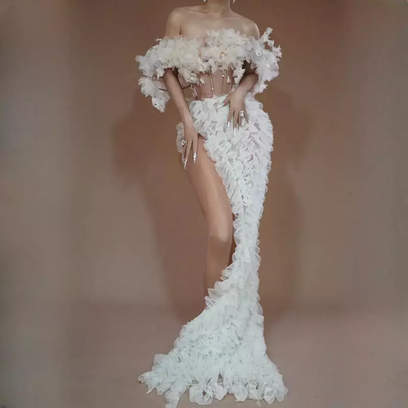 Gaun malam bunga putih elegan panjang 2024 untuk wanita gaun malam wanita Afrika renda bermanik bahu terbuka seksi Baomihua