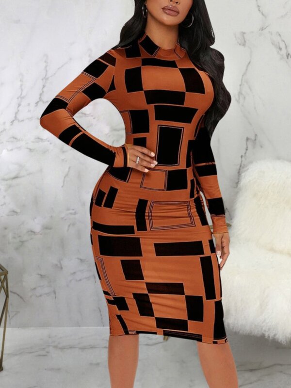 LW SXY-vestido ajustado con estampado geométrico para mujer, ropa de calle ajustada, cuello simulado, moldeador de cuerpo, manga larga, elástico