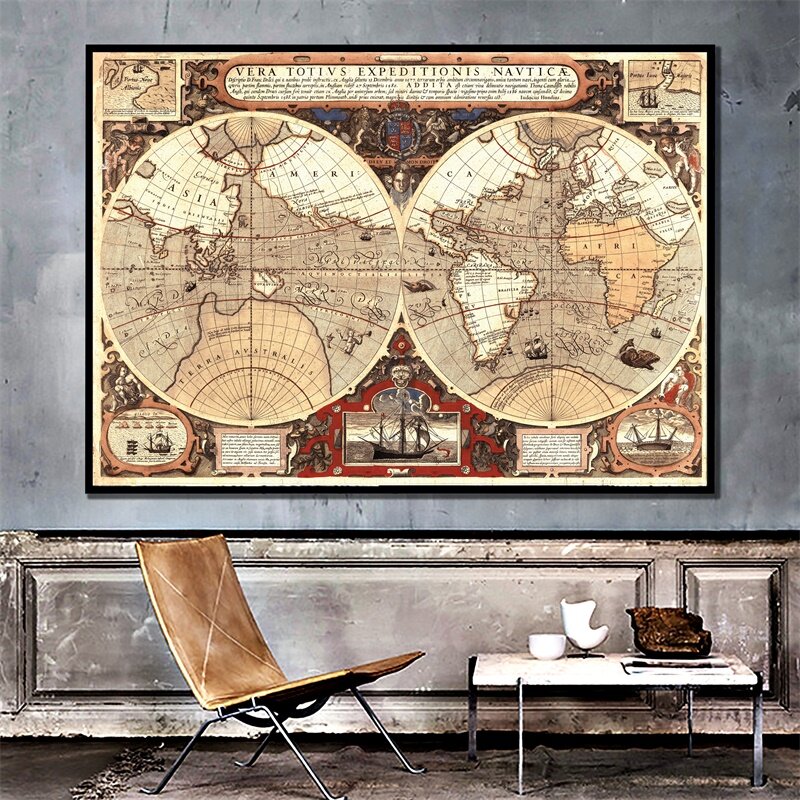 Mapa del mundo 84*59cm póster de arte Vintage impresiones decorativas de pared lienzo no tejido pintura sala de estar decoración del hogar