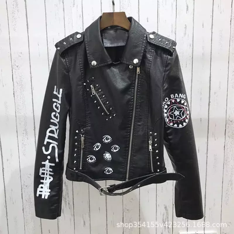 Jaket Kulit Lembut Print Imitasi Wanita Musim Semi Musim Gugur Musim Dingin Pu Mantel Motor Hitam Punk Gothic Biker Pakaian Saku Paku Keling