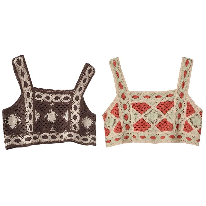 Femmes Boho tricot culture pour débardeur évider Crochet géométrique plage Camisole Ve N7YD