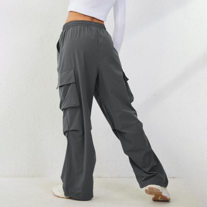 Calça feminina de cintura alta solta, cintura elástica ajustável, design de bolso múltiplo, jogging relaxado