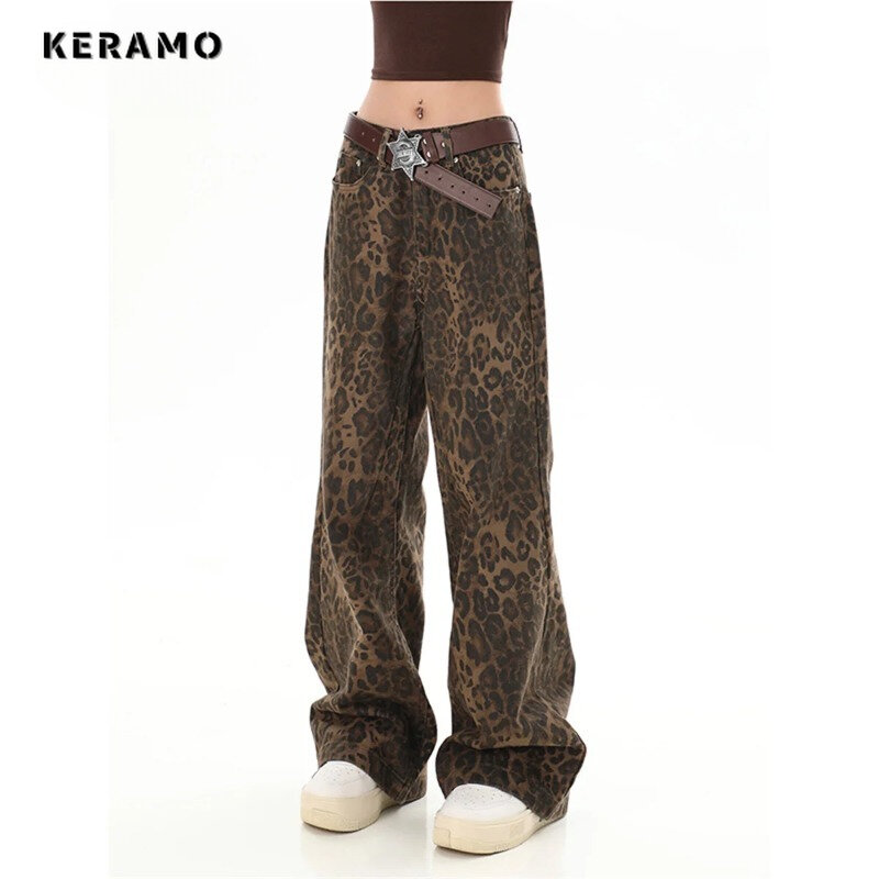 American Retro Leopard Print Jean Pants Women High Waist Straight Pant Oversized Streetwear Hip Hop Wide Leg 2024 Classic