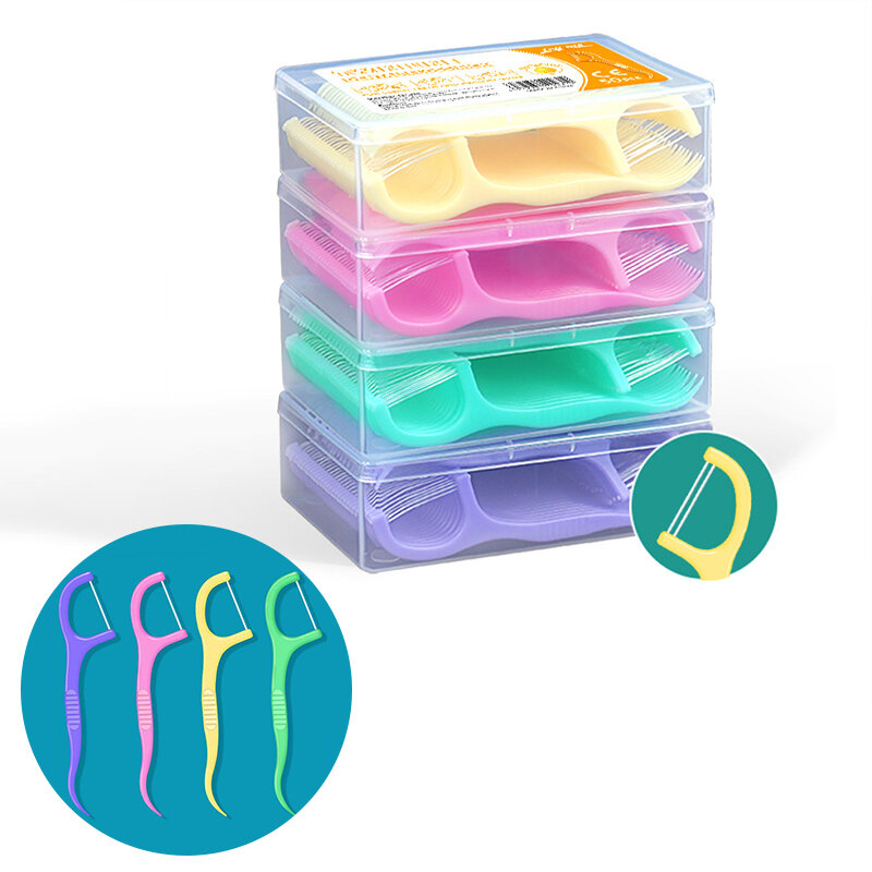 Pembersih gigi, 50 buah/kotak rasa buah warna-warni, pembersih gigi dengan kotak penyimpanan garis ganda kekuatan tarik tinggi