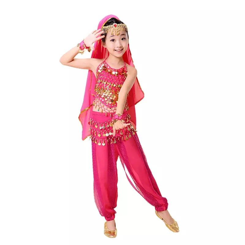 ชุดเต้นระบำหน้าท้องสำหรับเด็กเสื้อผ้าอินเดียปักเลื่อมสำหรับการแสดงบนเวทีชุดเต้นบอลลีวูด + กางเกงมีขา
