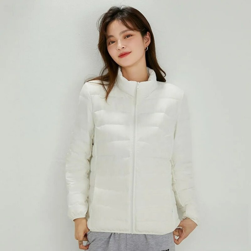 Jaqueta de pato para mulheres, colarinho leve com estande, jaqueta puffer portátil quente, casaco ultraleve 90% branco, outono e inverno, 2023