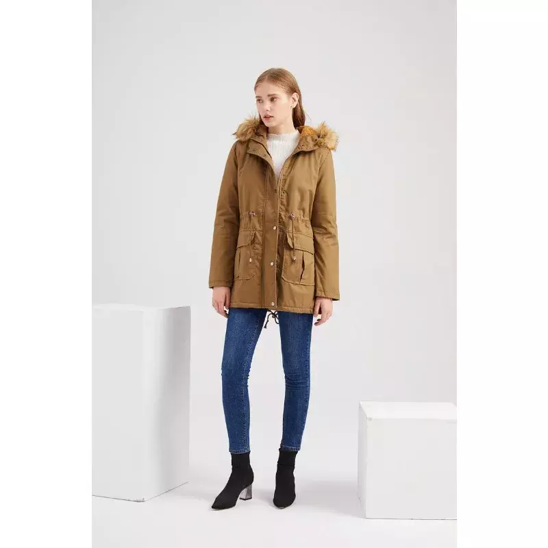 Wepbel-Parkas forrado de lã feminina, casaco com capuz, gola de pele, jaquetas quentes, jaqueta de algodão acolchoada, bolsos, outwear, inverno