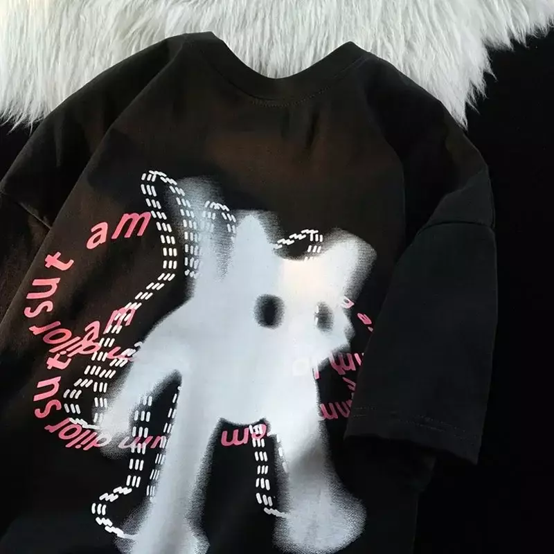 귀여운 고양이 프린트 디자인 O넥 반팔 티셔츠, 여성 인스 패션 트렌드 커플, 다용도 루즈 Y2k 탑