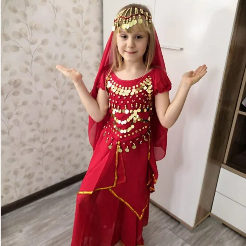 ชุดเต้นระบำหน้าท้องสำหรับเด็กชุดผ้าชิฟฟ่อนชุดเต้นรำแบบตะวันออกชุดเต้นระบำหน้าท้อง kostum tari India 5ชิ้น/เซ็ต