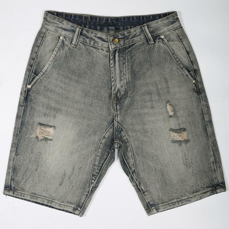 Shorts jeans de cor sólida masculino, perna reta, bolsos múltiplos, buracos rasgados, design elegante, jeans casual