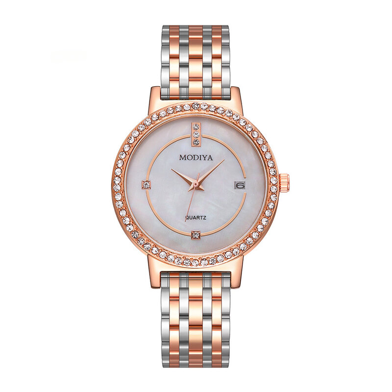 Jam tangan wanita, jam tangan perempuan sabuk baja tempramen, kalender bertatahkan berlian