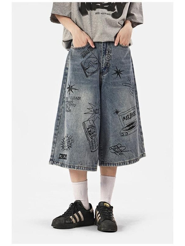 HOUZHOU Harajuku Graphic Y2k Jorts Women Wide Leg Blue Denim Shorts Grunge Streetwear Oversized High Waist Knee Length Jeans