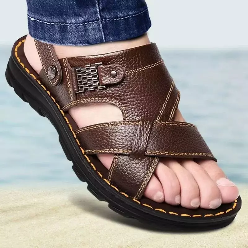 Sandália de couro genuíno antiderrapante masculina, chinelos macios, sapatos rasos casuais, verão, nova, 2022