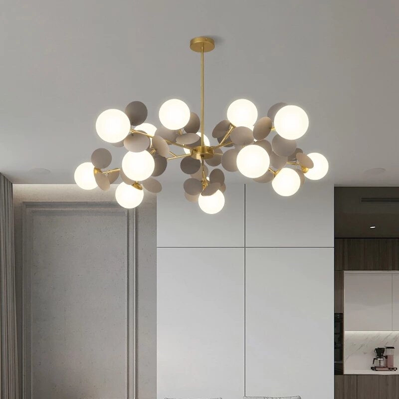 Kobuc Modern Metal Plate Chandelier LED Gold Glass Balls Led Ceiling Hanging Chandelier Living Room Table Dining Pendant Lights