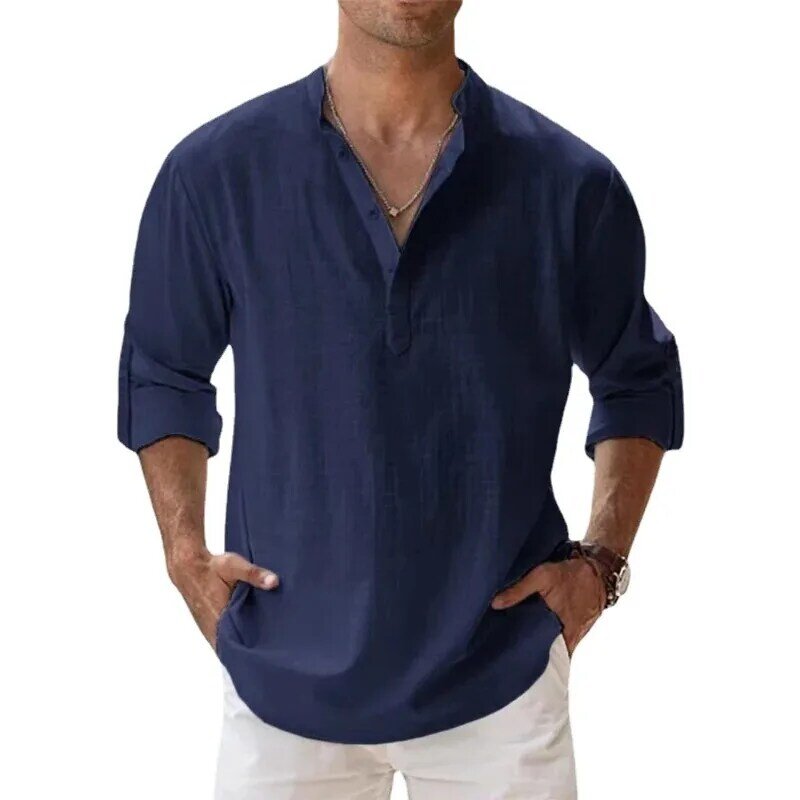 Camisas de lino y algodón para hombre, camisas informales ligeras de manga larga Henley, playeras hawaianas, novedad de 2024