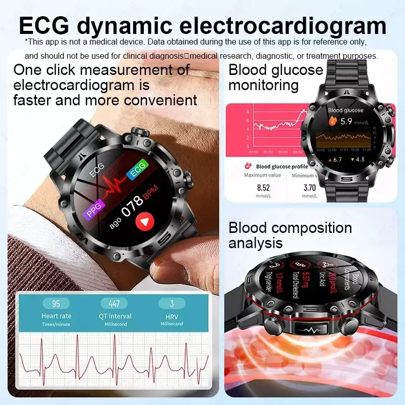 LIGE jam tangan pintar ECG pria, layar AMOLED panggilan Bluetooth jam tangan olahraga luar ruangan pemantauan suhu jam tangan kesehatan untuk pria