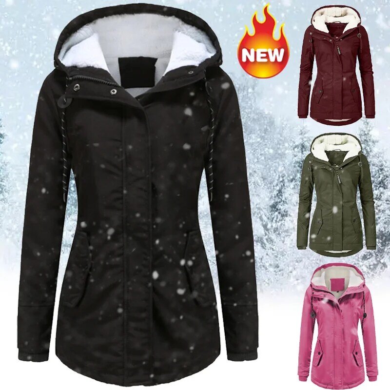 따뜻한 플러시 방풍 후드 파카 자켓 여성용, 단색, 야외 하이킹, 두꺼운 겨울