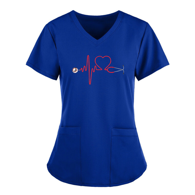 Summer Women's Clothing With Stethoscope Pattern Short Sleeved V-Neck Fashion Frosted Tops Uniform Short Sleeve Doctor Nurse New