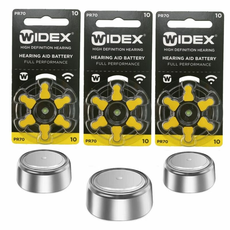 Box of Widex Hearing Aid Batteries Size 10 A10 10A Yellow PR70 Zinc Air (60 battery cells)