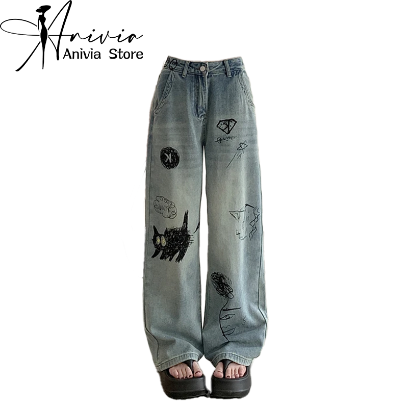 Kobiety Niebieskie Graffiti Jeans Baggy Harajuku Y2k Denim Trousers Y2k Wide Jean Pants Vintage 90s Aesthetic 2000s Trashy Clothes 2024
