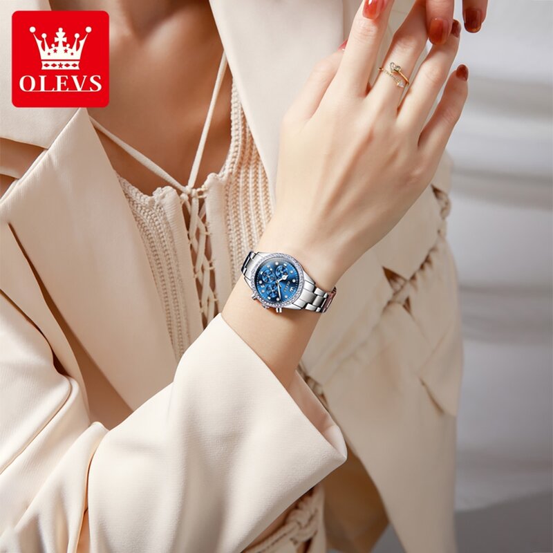 OLEVS นาฬิกาควอตซ์โครโนกราฟของแท้สำหรับผู้หญิงสายสแตนเลสกำไลส่งนาฬิกาข้อมือผู้หญิงปฏิทิน