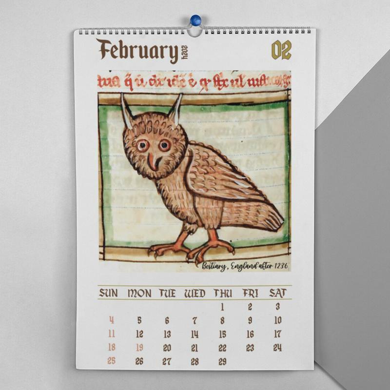 面白い中世フクロウの絵画カレンダー、家族のプランナー、30x21cm、2024、2024