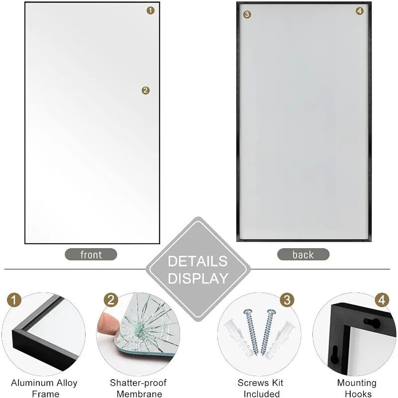 Large full-length aluminum alloy frame floor mirror, hanging or wall mounted, black 71" x 34"