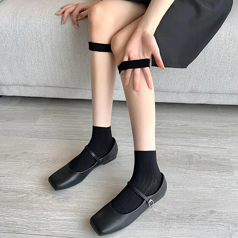Women Glass Silk Stockings Ultra-thin Calf Socks Solid Color Knee Socks Breathable Transparent Summer Fashion