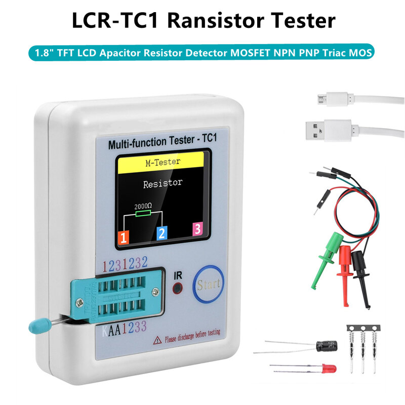 Probador de transistores con pantalla LCD de LCR-TC1, medidor de prueba de resistencia de condensador de triodo de diodo, ESR, LCR, NPN, PNP, MOSFET, COD