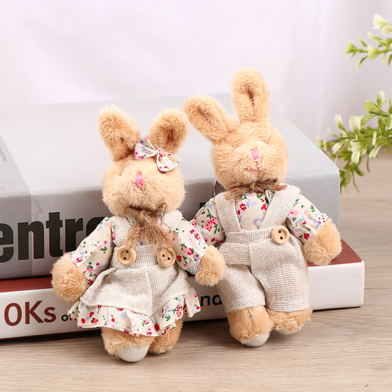 Cute Girls Country Style Linen Bear Keychain Women Couple Rabbit Keying Bag Car Trinket Plush Toy Pendant Toys Gift