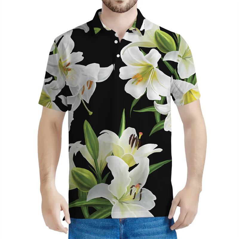 เสื้อโปโลลายดอกไม้ลิลลี่สำหรับผู้ชายเสื้อยืดพิมพ์ลายดอกบัวมีกระดุมแบบลำลองแขนสั้นคอปกฤดูร้อน3D