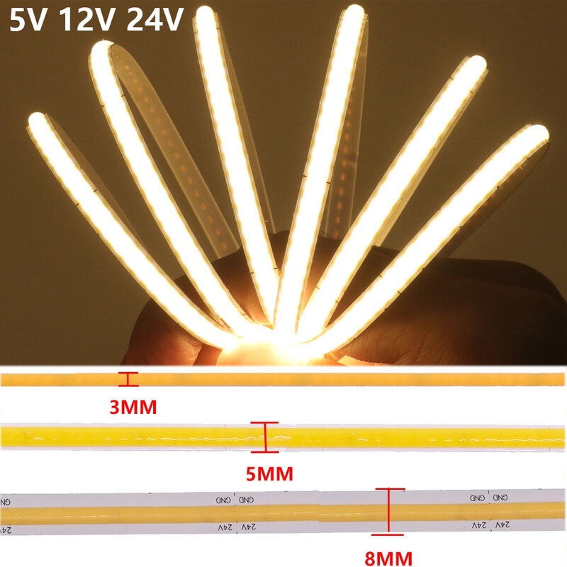 3mm 5mm 8mm PCB COB LED Strip 5V 12V 24V 320LED/m kepadatan tinggi RA90 fleksibel COB LED pita Dimmable Linear pencahayaan