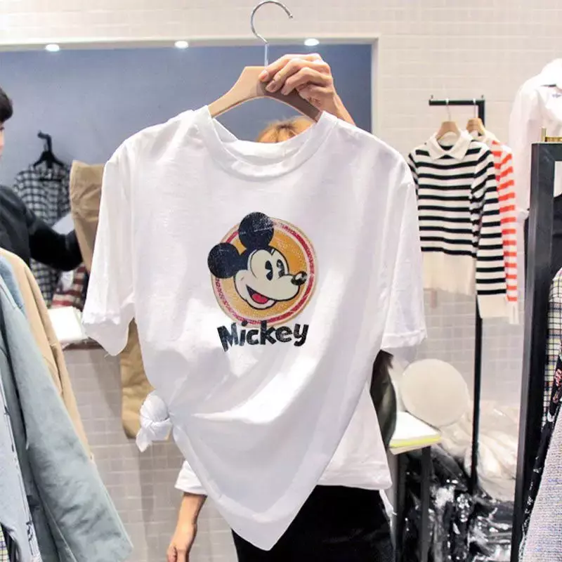 Camiseta de dibujos animados de Disney para mujer, Tops de Mickey Mouse, ropa Kawaii de Donald para mujer, ropa de algodón estampada, camiseta de Goofy para mujer