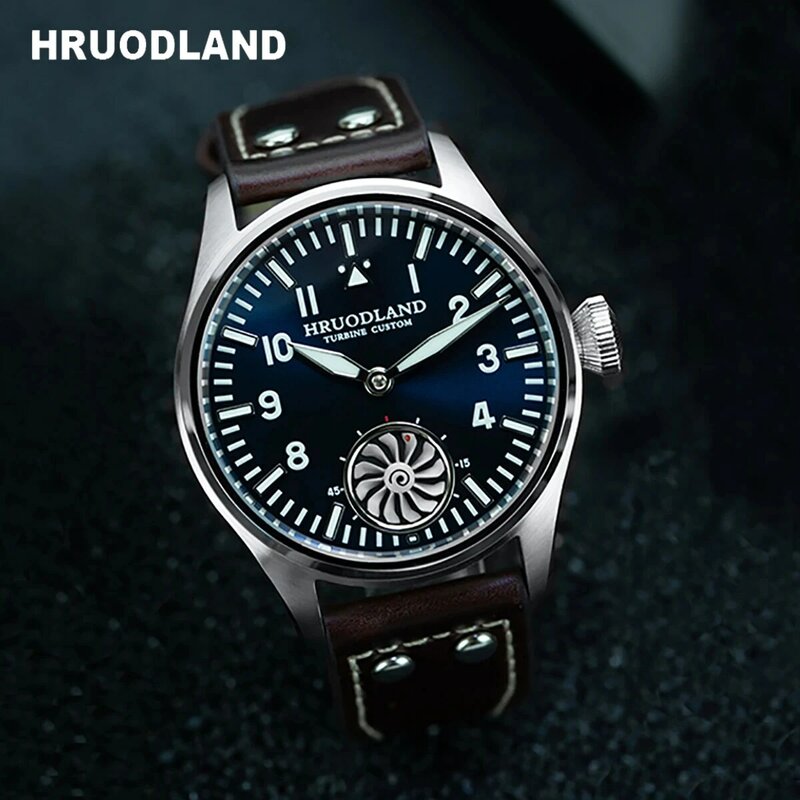 Часы-пилот Hruodland F016 с механическим механизмом в виде чаек, блестящий сапфировый кристалл, модель F016, мужские часы-пилот в стиле ретро с турбиной 43 мм