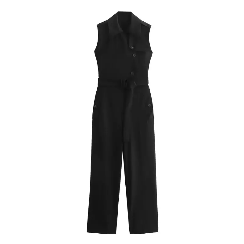 Women New Fashion With belt Black loose lapel Casual Long style Jumpsuit Vintage sleeveless Button-up Female Jumpsuit Mujer