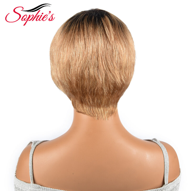 SOPHIES − Perruque brésilienne naturelle, avec bonnet en dentelle, cheveux courts et lisses, coupe pixie, couleur cerise, densité 180%, qualité remy