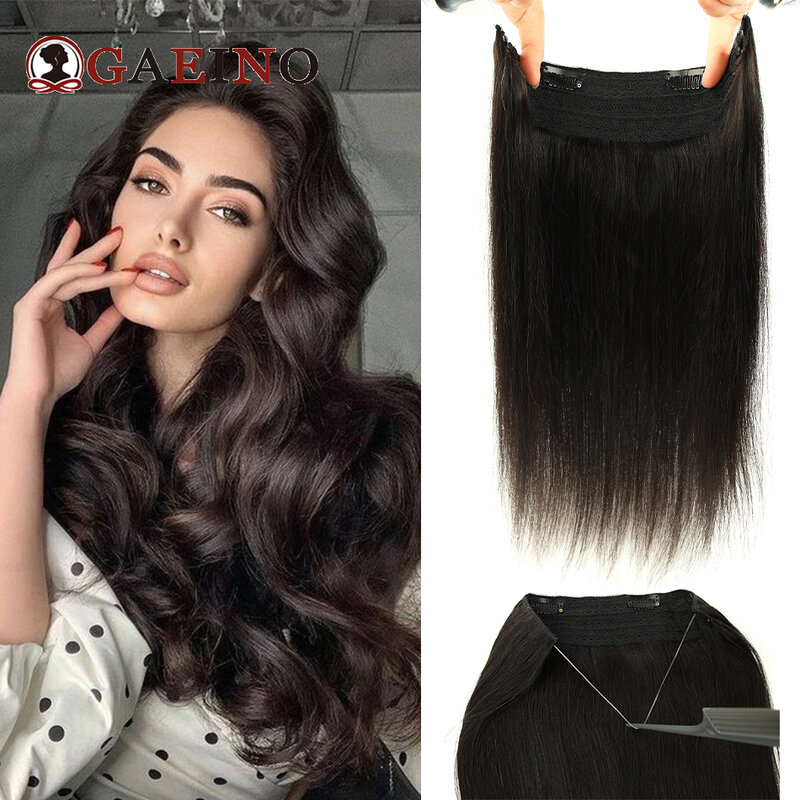 Gaeino Halo ekstensi rambut manusia, kawat klip dalam rambut satu potong dengan garis ikan tak terlihat ekstensi rambut untuk wanita 14-28 inci