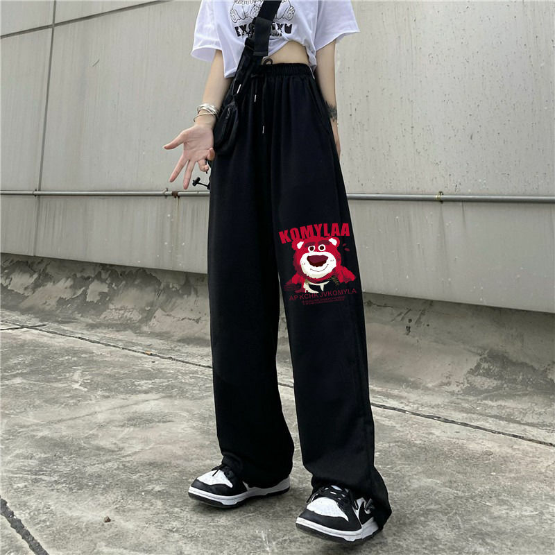 Autumn and Winter New Korean Cartoon Printing Casual Wide Leg Pants for Women with Velvet Insulation and Sports Leggings Trend