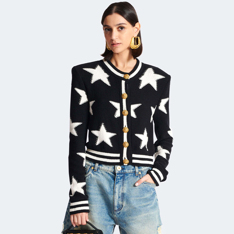 Sweter damski sweter z gwiazdami żakardowa dzianina luksusowy Design kultowy lew złote guziki odzież Femme z klamrami jesienno-zimowy płaszcz