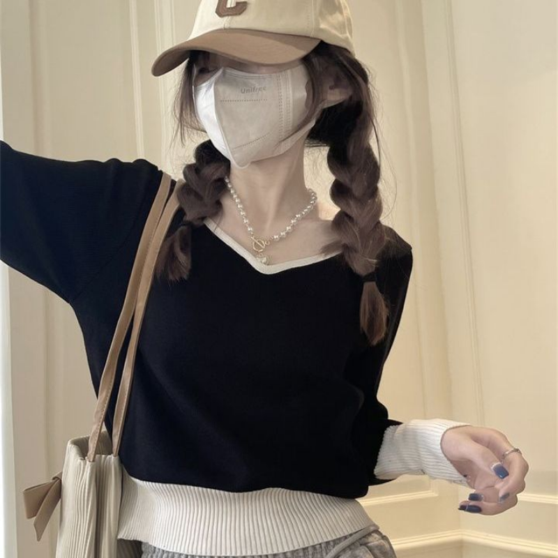 Jersey de punto con diseño de retales para mujer, ropa estética básica, ajustada, Harajuku, combina con todo, novedad de otoño