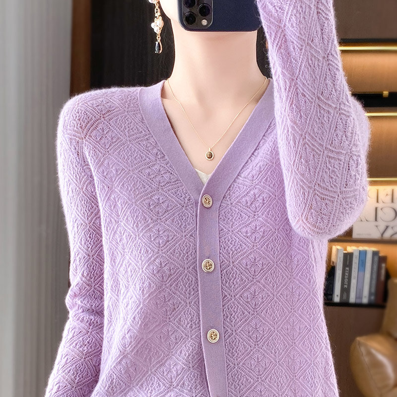Cardigã de malha oco feminino, suéter monocromático, decote em v, manga comprida, moda feminina, roupas da moda 100% lã, primavera, verão