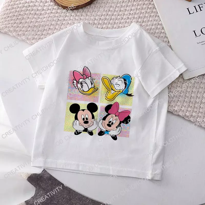 Disney Children T-shirt for Girls Clothes Daisy Minnie Mickey Kawaii Tee Shirts Cartoons Summer Casual Kid Boy Short Sleeve Tops