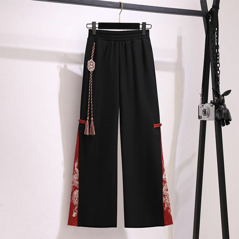 Traje Tang bordado de estilo chino para mujer, camiseta informal, pantalones de Kung Fu de pierna ancha, conjunto de ropa Oriental, Harajuku japonés, 2022