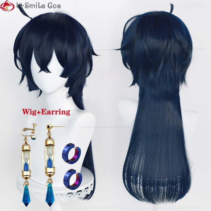 Peluca de Anime Vanitas No Karte, pelo largo azul y negro, resistente al calor, pendientes + gorro de peluca, 68cm