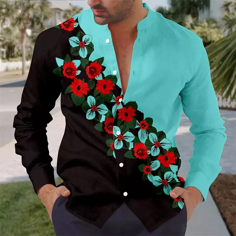 Men's printed shirt, summer flower 3D printing, long sleeved stand up collar shirt, vacation high-quality men's clothing