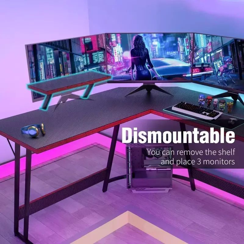 โต๊ะคอมพิวเตอร์เล่นเกมแอลขนาด51นิ้วพร้อมแท่นวางมอนิเตอร์ขนาดใหญ่สีดำ