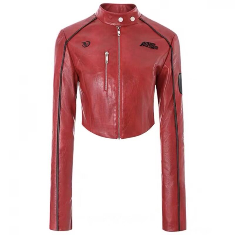 Jaket kulit wanita, mantel motor kulit imitasi Musim Semi dan jaket Bomber PU untuk wanita