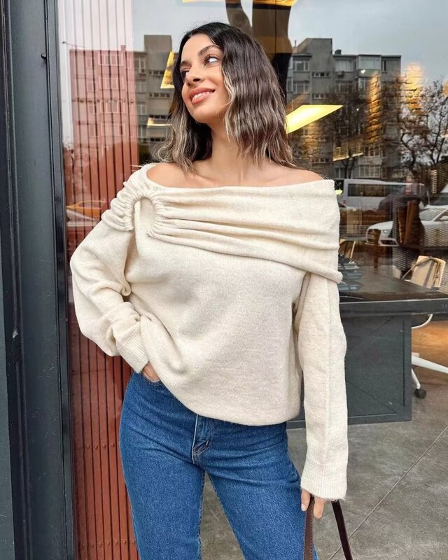 Women New Fashion Pleated circle decoration Cropped Off Shoulder Knitted Sweater Vintage Long Sleeve Female Pullovers Chic Tops
