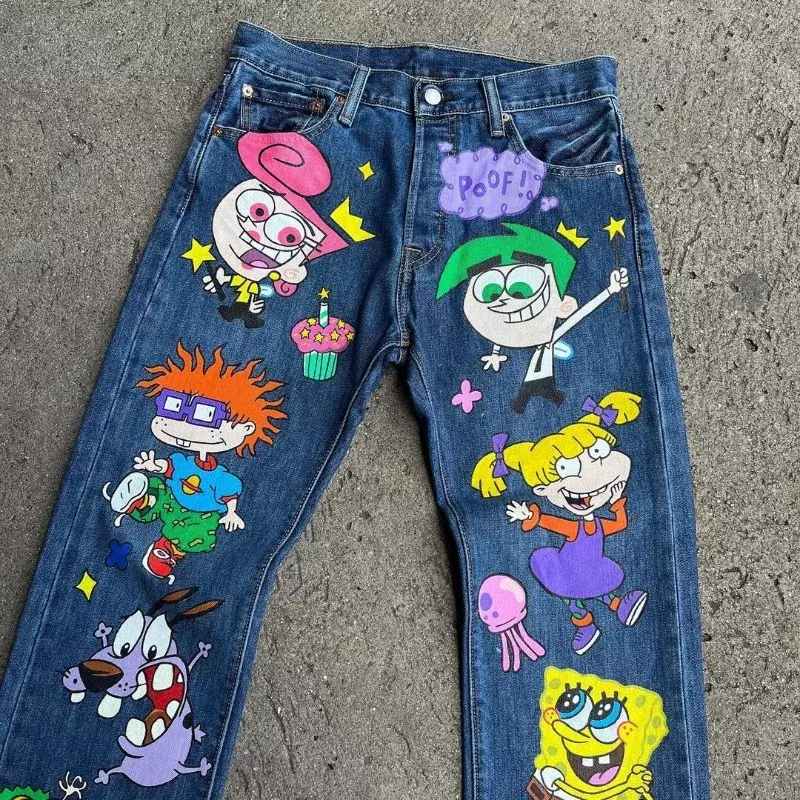 Jeans retro americano personalizado com padrão estampado em desenhos animados, calças jeans casuais soltas, calças versáteis de rua, moda Y2K, 2024