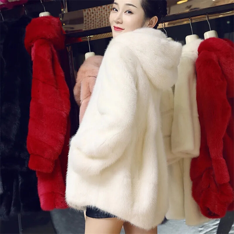 Women Fur Coat 2022 Winter Imitation Mink Overcoat Female Hooded Mid-length Fur Integration Imitation Mink Hair Outwear S-3XL